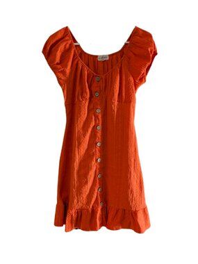 Derek Heart Women's Mini Dress, Orange, Large, Puff Sleeves, Faux Button-Front